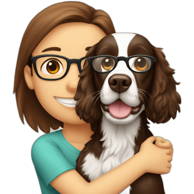 Springer spaniel with man and girl with glasses hug emoji