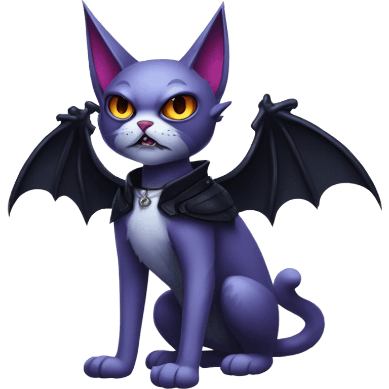  cool edgy fantasy dark-themed animal vampiric cat-hybrid Fakemon with fangs and bat-wing-ears with a collar full body emoji