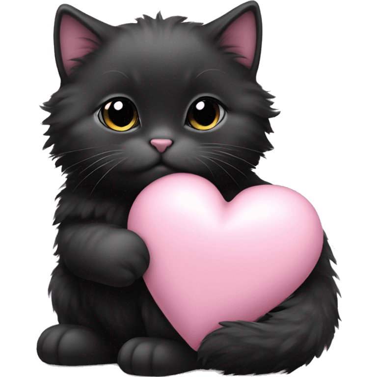 black fluffy fat kitten holding pale pink heart emoji