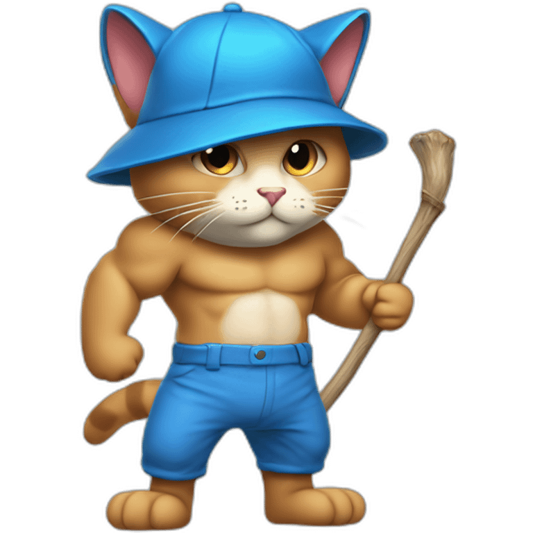 Strong muscles Blue cat NO ears  wearing a mushroom cap carrying a stick in one arm standing on two legs with pants emoji