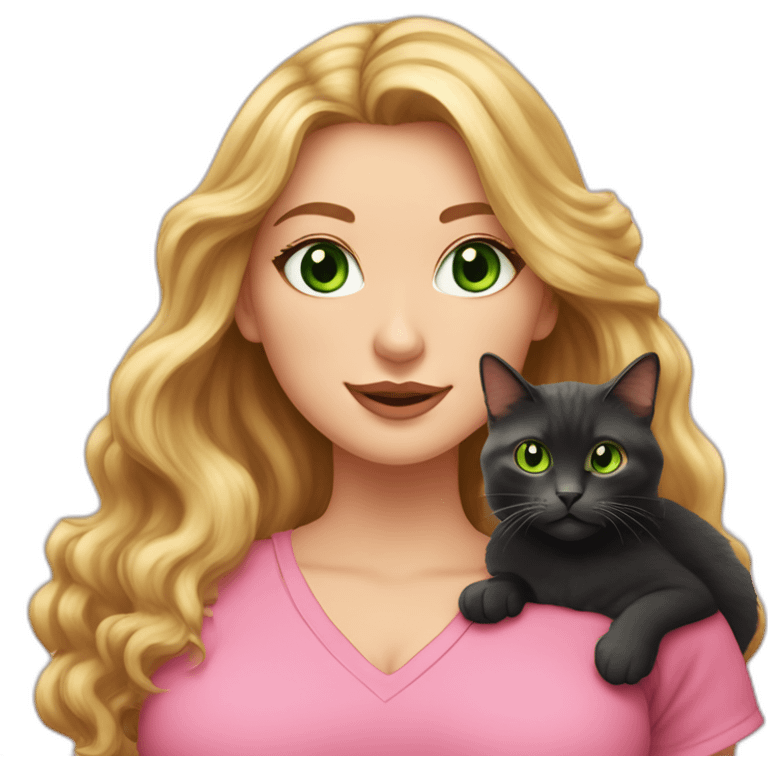 woman with green eyes and long wavy blonde hair and big boobs in a pink shirt is holding a very fluffy and fat black and tortoiseshell cat emoji