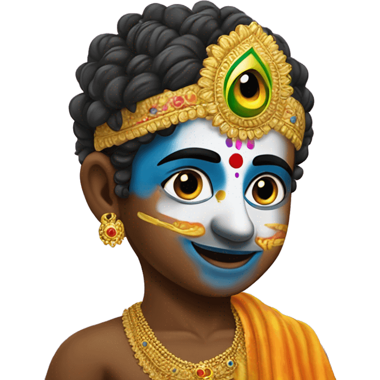 Krishna in holi with gulal on his face and mor pank on his head emoji