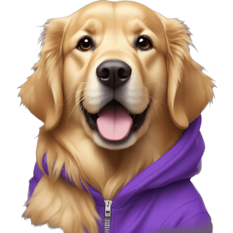 golden retriever in purple hoodie. Write Suman on hoodie in white letters emoji