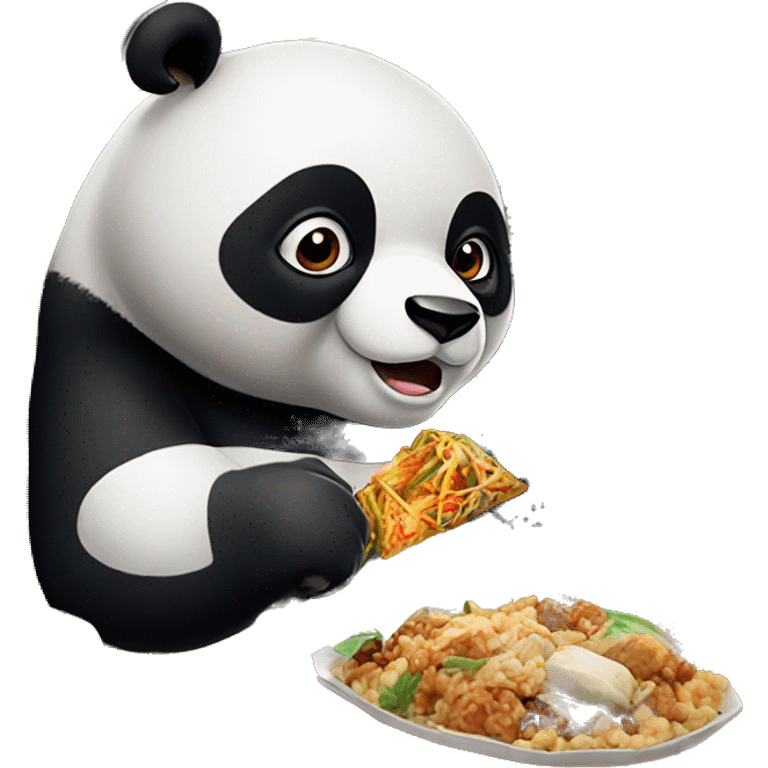 A panda eating chinese food and wearing boxing gloves sitting in a huge train emoji