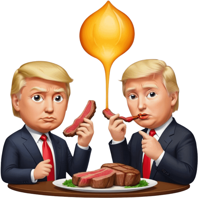 photorealistic Donald Trump and Putin eating a steak shaped like an piece of land emoji