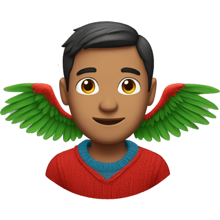 Brunette man with parrot wings coming from his ears, red sweater emoji