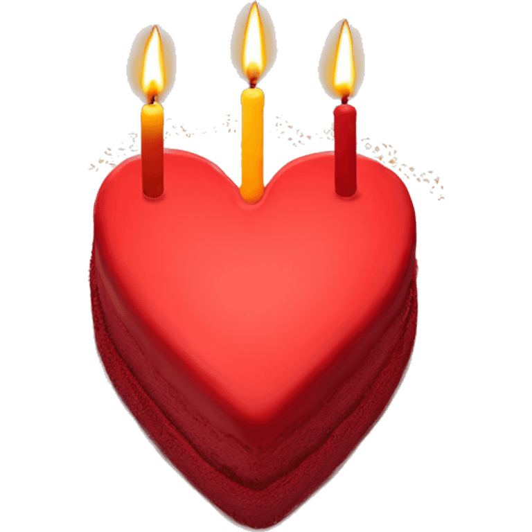 Red primarily colored heart shaped birthday cake, top view, 4 candles emoji