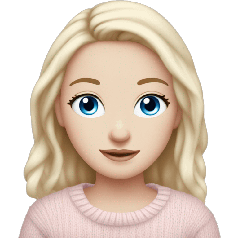 Pretty blue eyed white girl with light pink sweater reading cozy emoji