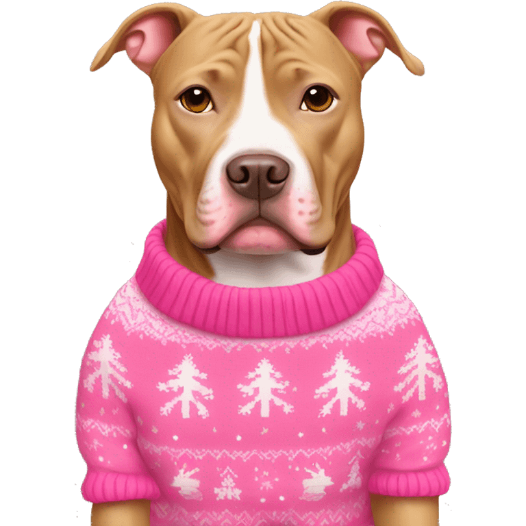 Tan pitbull wearing pink Christmas sweater emoji