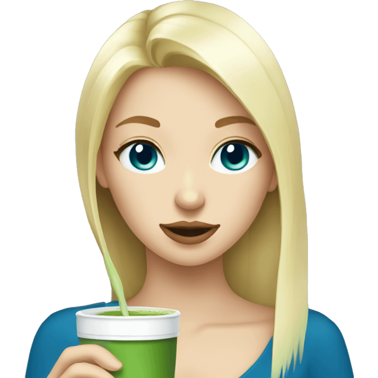 blonde girl blue eyes drinking matcha  emoji