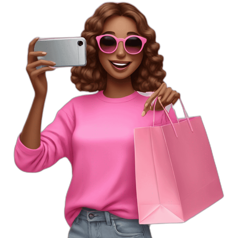 influencer taking selfie with a pink shopping bag emoji