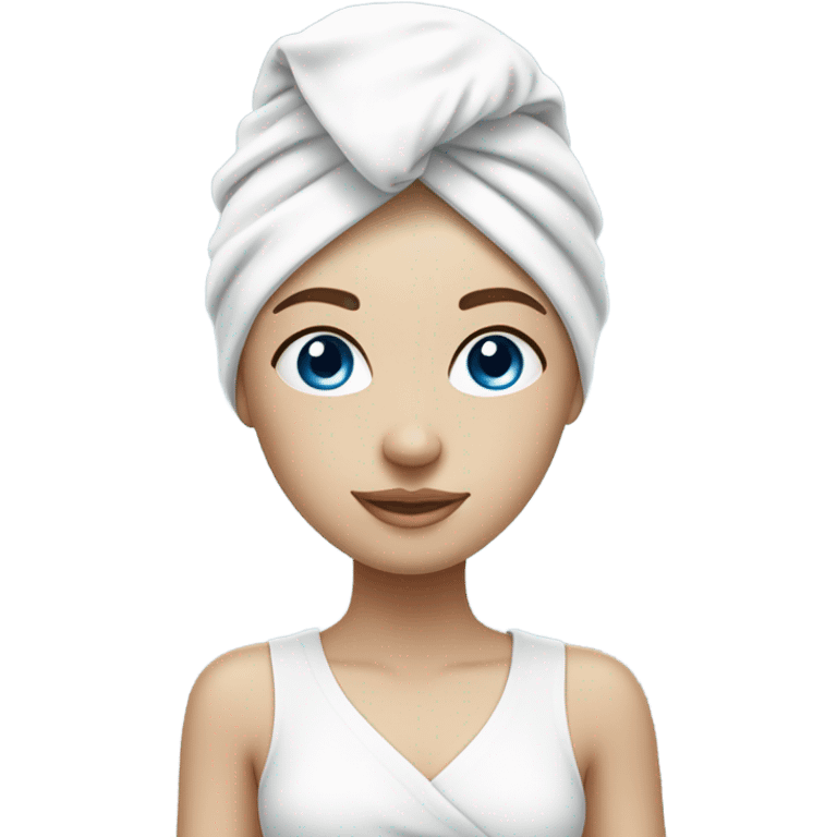 fair skinned girl white towel on head and skin care mask on face blue eyes emoji