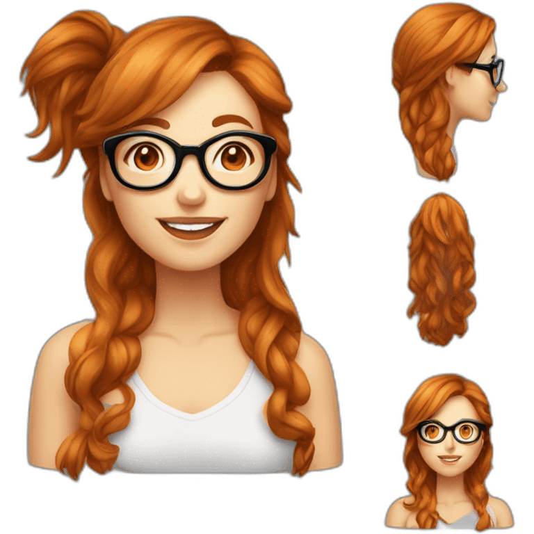 Femme cheveux longs rousse avec grosses lunettes rondes saute de joie emoji