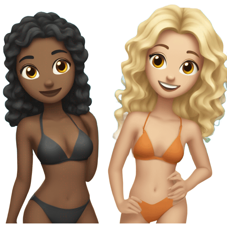 Three girls, a wavy blonde, a brunette with straight black hair and a curly girl swimming in bikinis in front of their entire body emoji