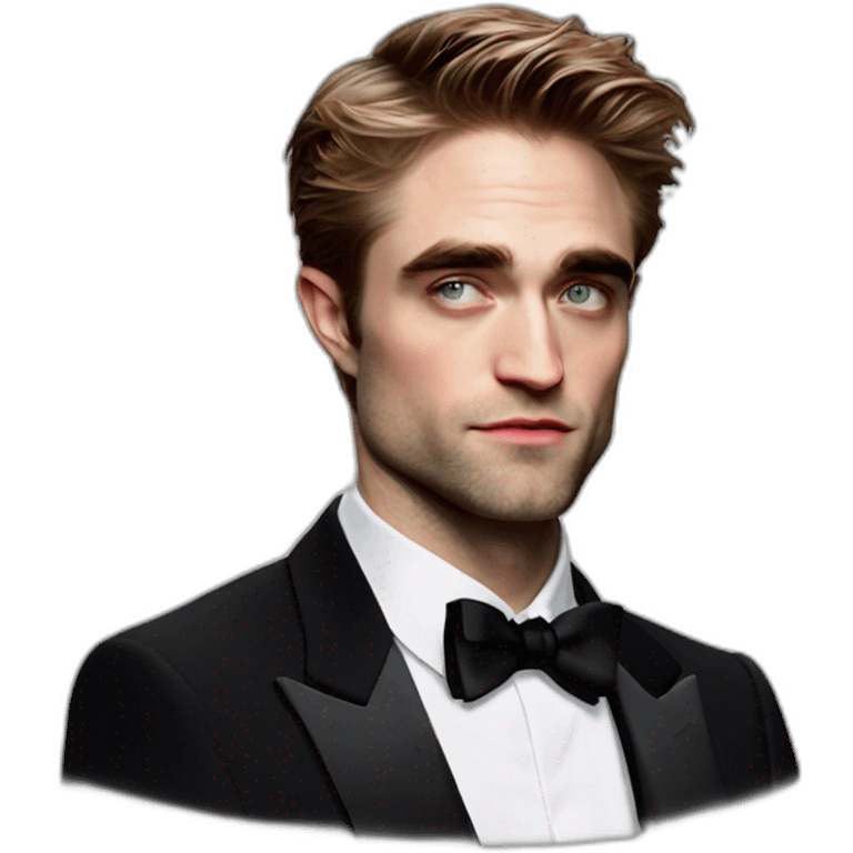 Robert Pattinson in a tuxedo red eyes emoji