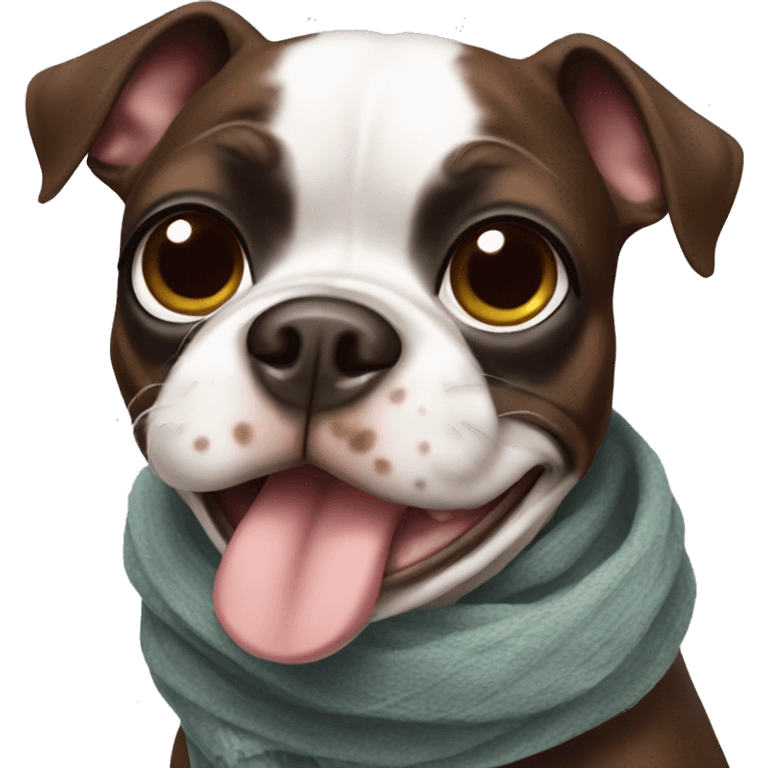 A brown spotted Boston terrier wearing scarf emoji