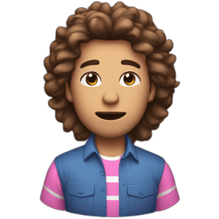 a male human with brownpuffy  hair, a blue shirt with two pink stripes on it black pants and eyes-closed and mouth straight emoji