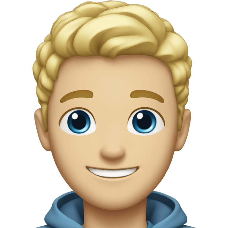 blonde male with short hair, sky blue eyes and big smile emoji