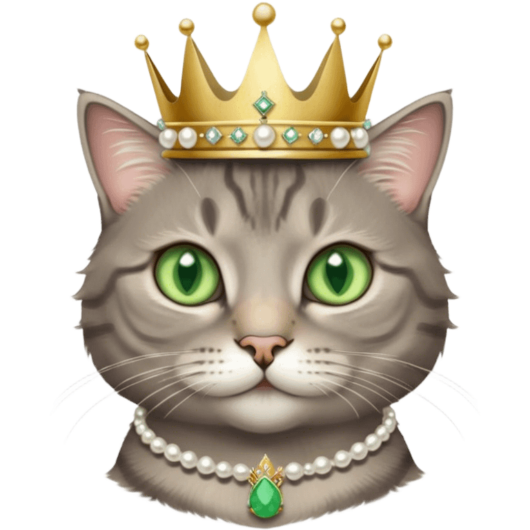 fluffy cool grey tabby cat with green eyes, white tummy, a simple pearl necklace and crown emoji