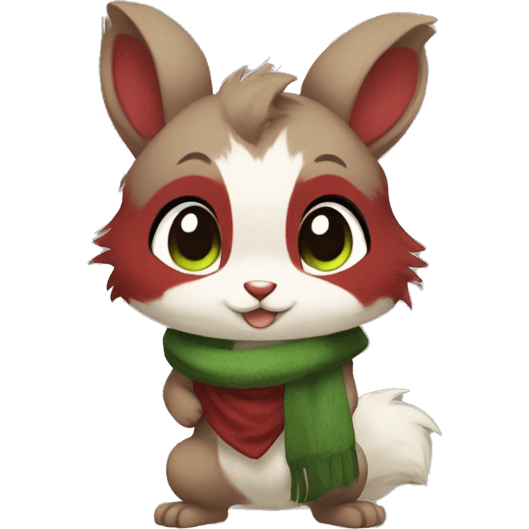 Cute, Chibi, chubby, fluffy, Kemono-style, Anthro, Fur-Sona, Dark-Red, Squirrel-Rabbit-hybrid-Fakémon, with a green scarf, full body emoji