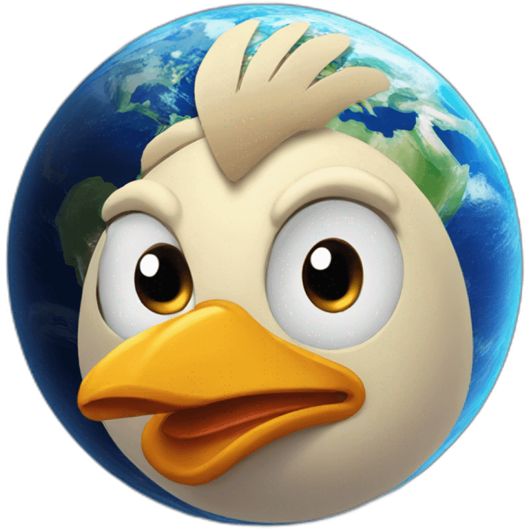 planet Earth with a cartoon chicken face with raised eyebrow emoji