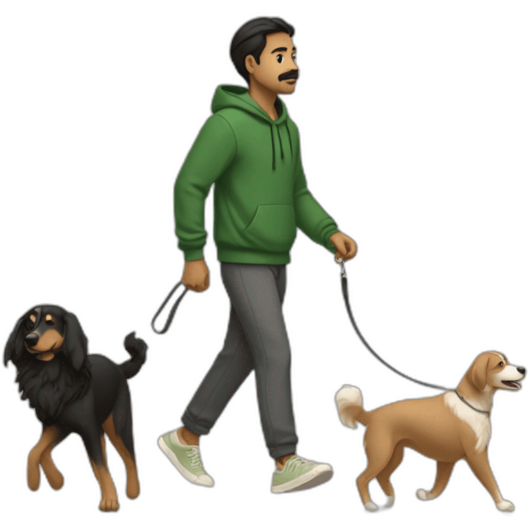 an indian man wearing a green sweatshirt, beige shoes, long hair, no beard, black shorts, walking, side profile, one hand raised slightly below waist level with leash in hand but no dog emoji