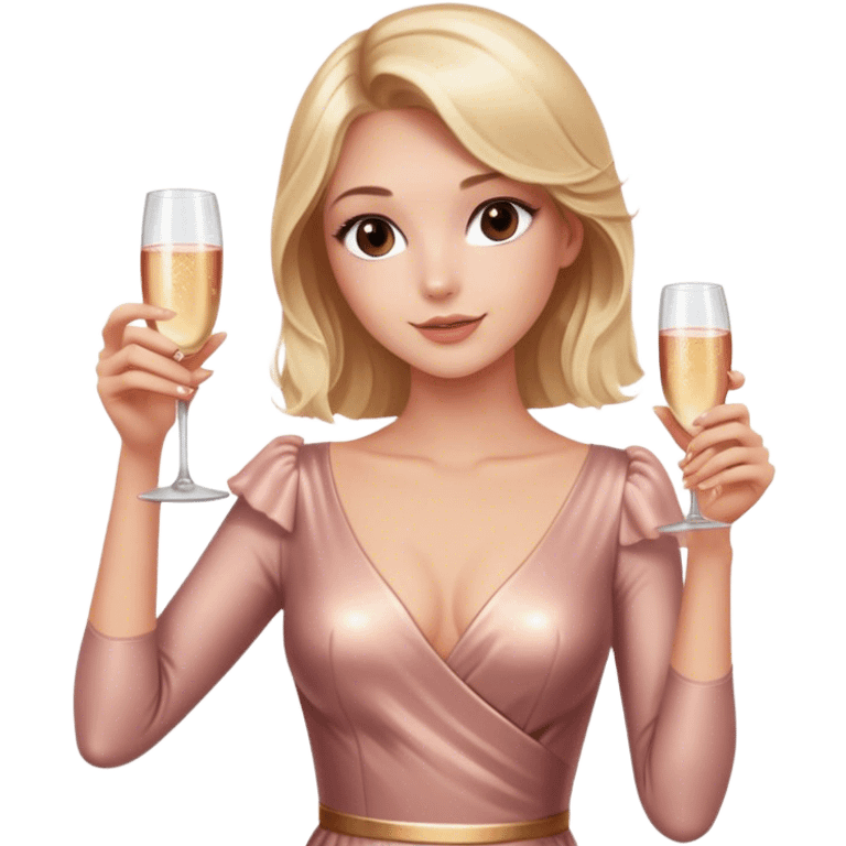 Pretty Blonde model, brown eyes, wearing a rose gold dress with sleeves, raising a glass of champagne emoji