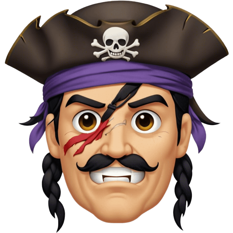 A battle-worn pirate with tangled black hair, a torn eye patch, friendly emoji