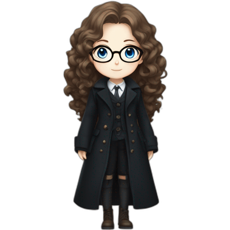 full length anime girl in a black coat, glasses with big blue eyes and white skin and curly brown long hair and aristocratic high cheekbones emoji