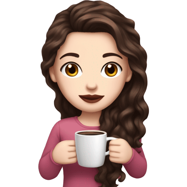 Super white Pale skin, dark brown wavy long hair , pink lips , pink cheeks, holding coffee, cozy emoji