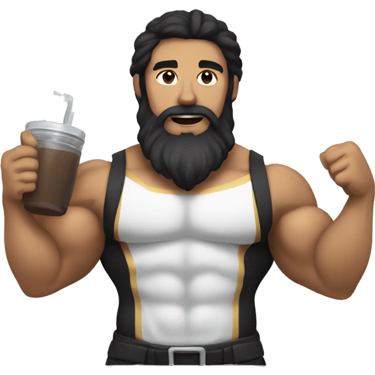 tan white man with long brown hair and a thick black beard with muscles and abs, drinking a protein shake emoji