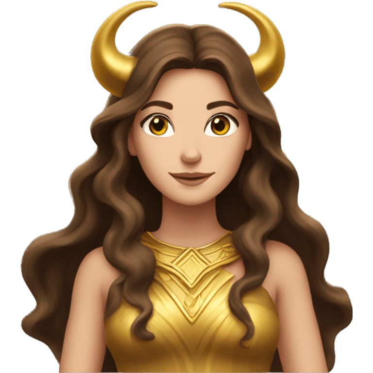 Fair Brunette goddess with Long brown hair and gold horns  emoji