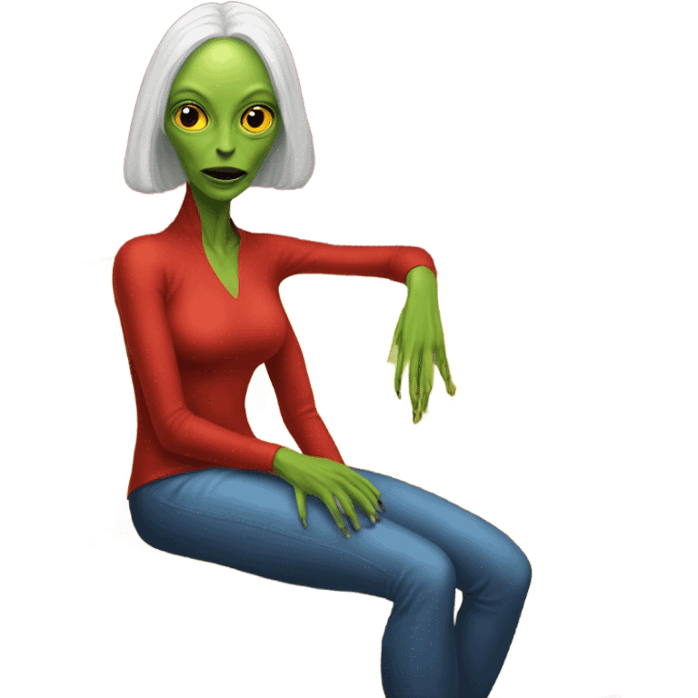 reptilian alien woman in red dress, sitting on a jellow couch  emoji