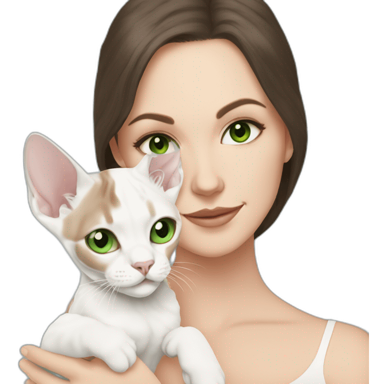 White woman with long dark hair and green eyes holding white devon rex with blue eyes emoji