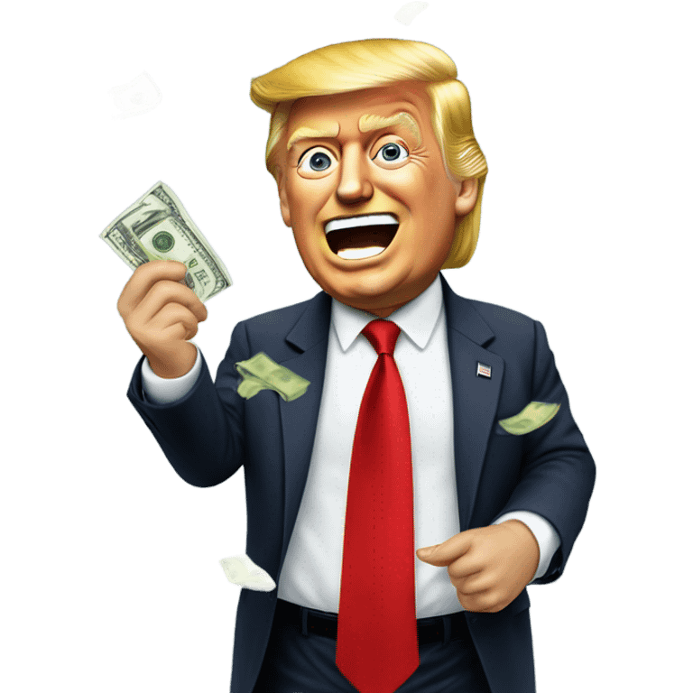 President Trump in red tie throwing money around.  emoji