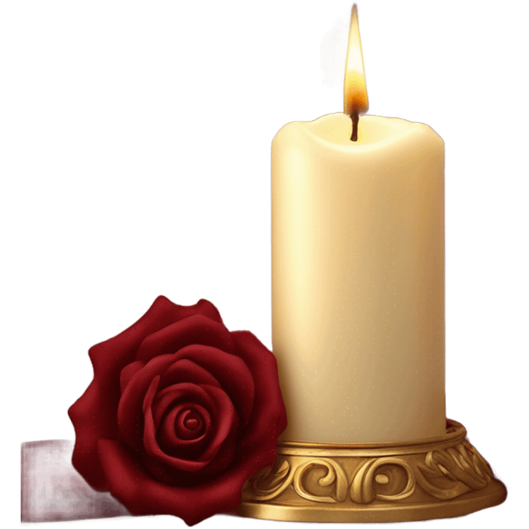 A flickering burgundy candle surrounded by deep red roses and a flowing satin ribbon
 emoji