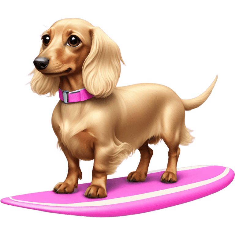 Long haired miniature dachshund cream colour with pink collar  on surfboard emoji