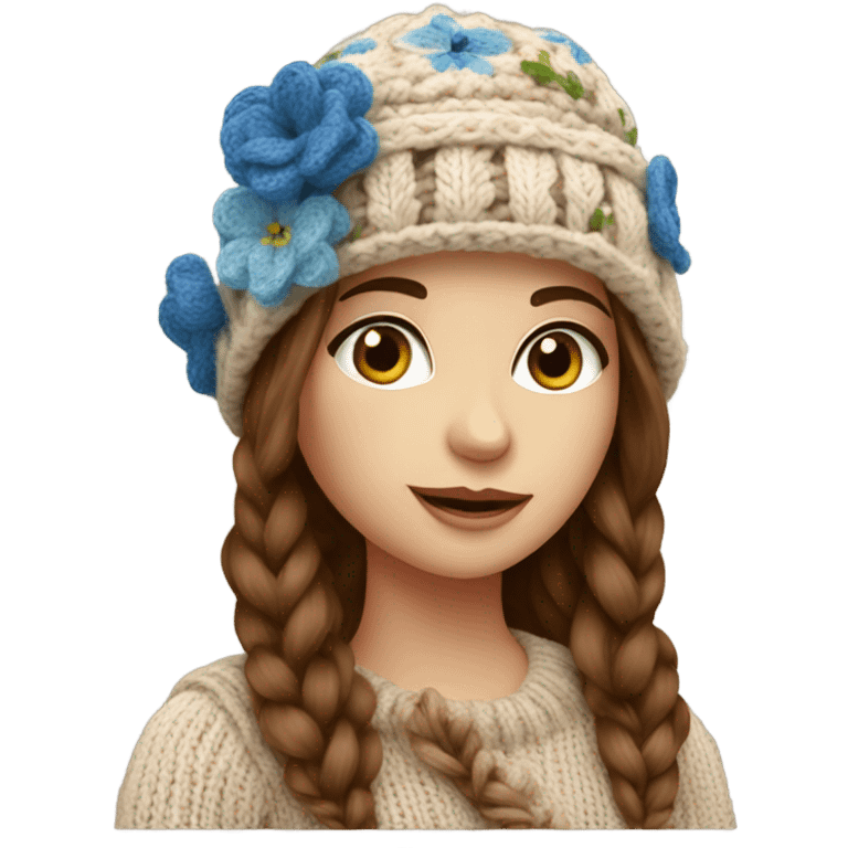 beautiful finnish brown hair woman with blue eyes knitting floral hat emoji