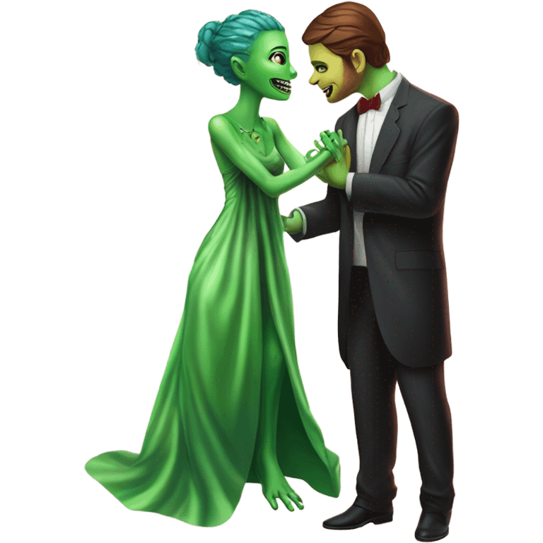 alien reptilian green skin woman, long slim pastel orange formal party satin dress with gradient shiny sparkling dark red, and caucasian man in black dres on his knees asks her to marry her emoji