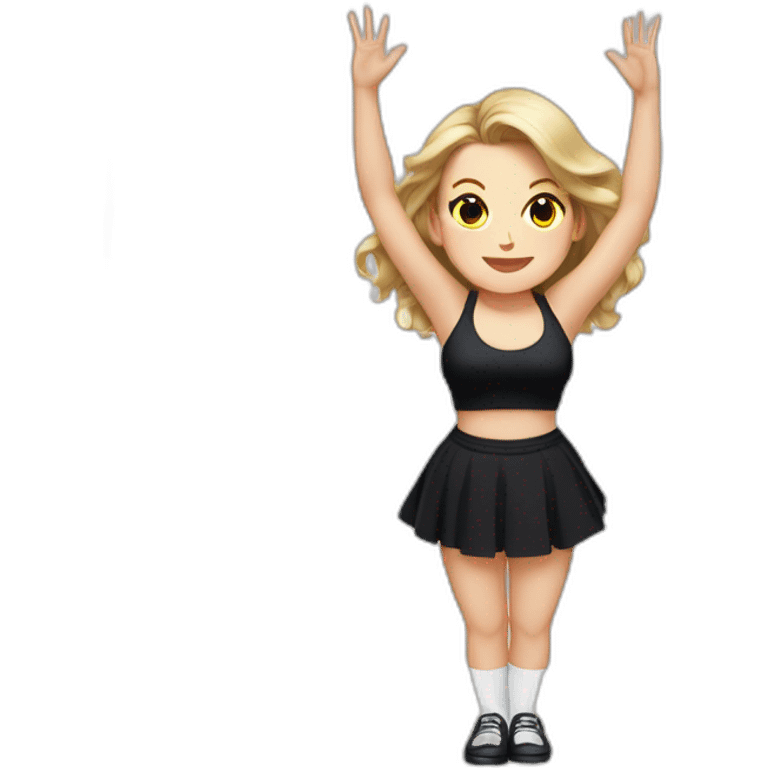 Front view full body curvy caucasian beauty headstands straight hands up black skirt white knickers white socks emoji