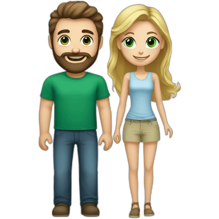 A happy couple, blond girl with blue eyes and dark haired and bearded man with green eyes emoji