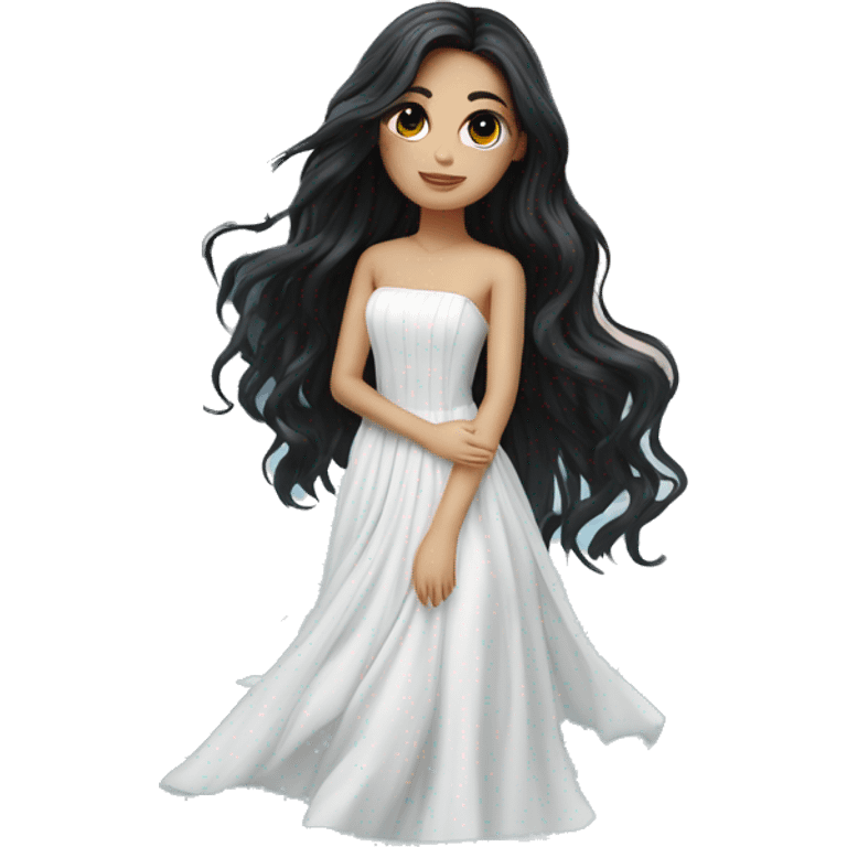 Pretty young Lady doll posing posed pose with long black hair flowers in hair white dress surrounded by flowing water emoji