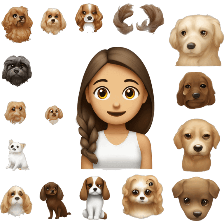 menina, pele caramelo claro,cabelo liso castanho escuro olhos castanhos escuro com cachorro lulu da pomerania pequeno bege e um pouco branco. emoji