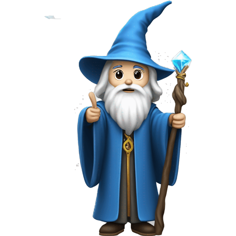 full-body emoji of a wizard.wizard is wearing a classic, long blue robe adorned with silver stars and a matching pointed hat.  long white beard holding a magical staff topped with a glowing crystal. emoji