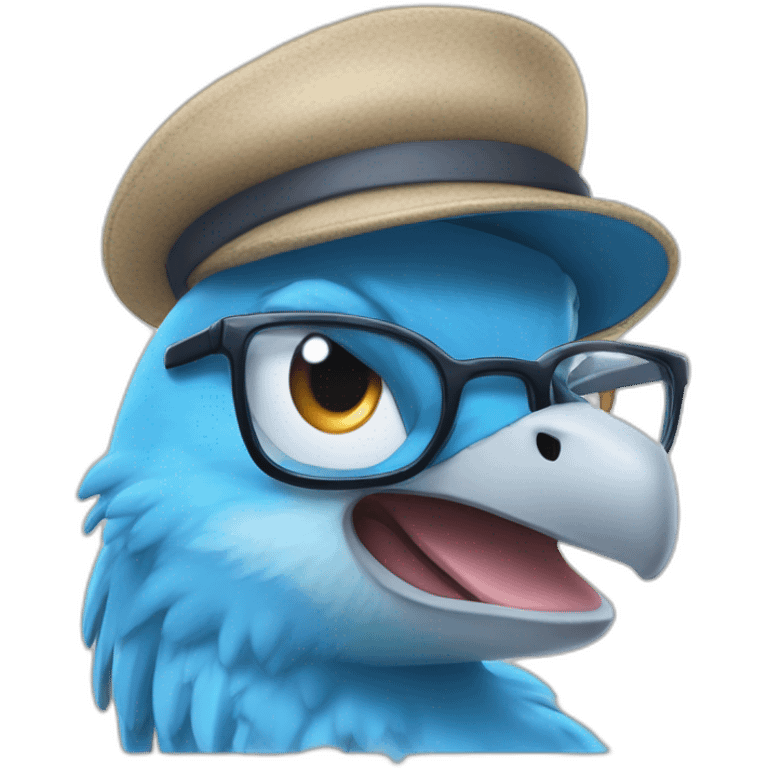 Crazy funny Articuno head with human white teeth and beautiful smile wearing glasses and hat emoji