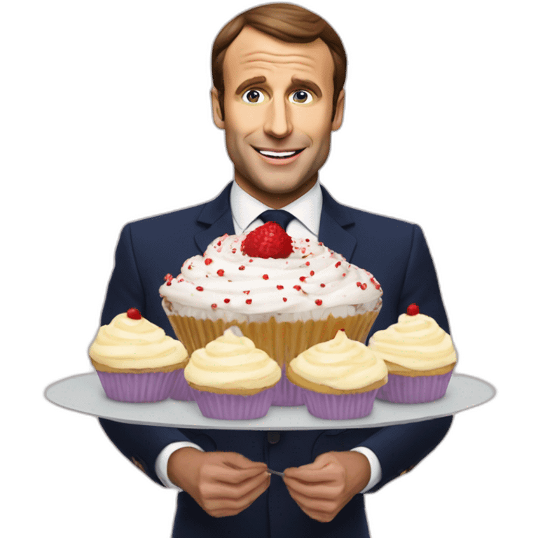 Macron qui mange un cupcake en forme de france emoji