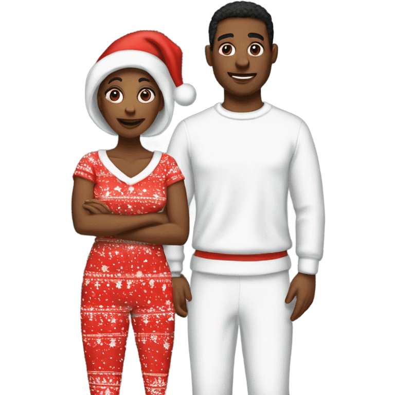 a couple in matching christmas pajamas black woman white man emoji