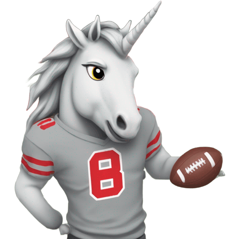 Grey happy Unicorn wearing buckeye shirt on a football field, wearing OSU state university shirt emoji