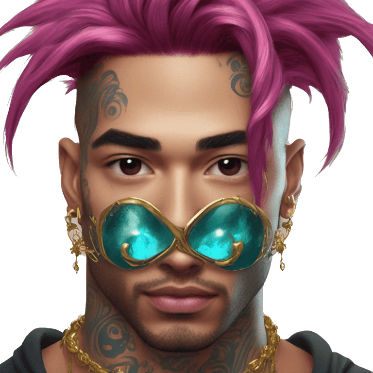 Vintage grunge patina intricate swirls gold jewellery baroque golden sparkle tropical Deep pink maroon burgundy cyan dark hoodie man dyed hair gold piercings nose piercing ear piercings emoji