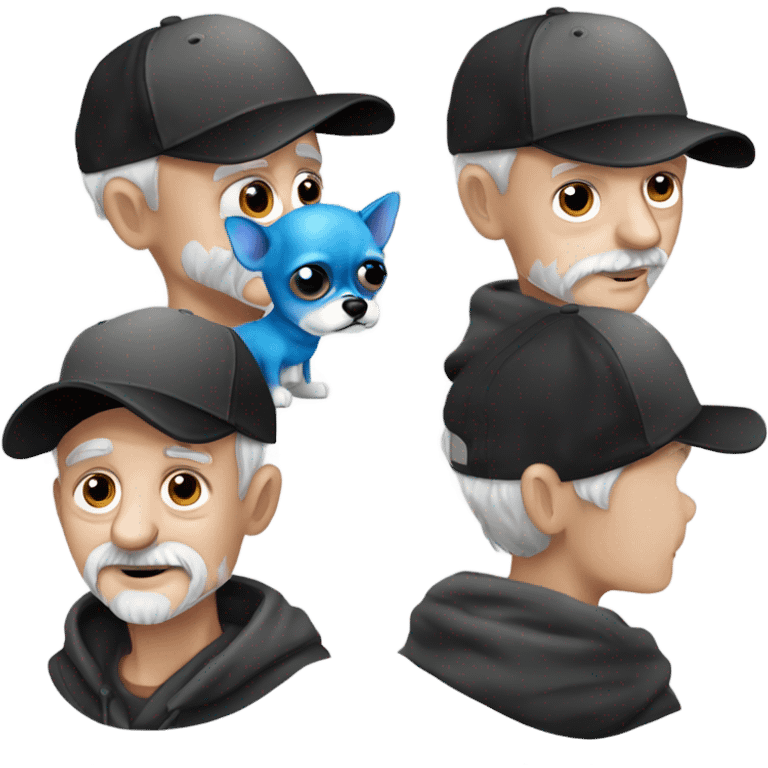 Old man with blue eyes goatee beard ball cap holding cute black long fur Chihuahua emoji